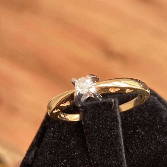 Diamond Solitaire Ring with Heart Accents in Yellow Gold Perfect for Valentine's - Picture 10 of 12